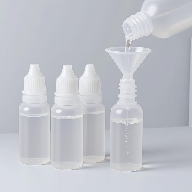 Notoke 5 PCS (4 Bottles + 1 Funnel) 15ml (0.5oz) Small Plastic Dropper Bottles - Empty, White Eye Liquid Dropper Bottles, Squeezable & Portable Travel Containers for Eye Drops, Refillable with Cap and Plug - Image 1